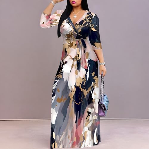 Image of Plus Size Maxi Dresses for Curvy Women Fall Church Dresses 3 /4 Sleeve African Print Dress