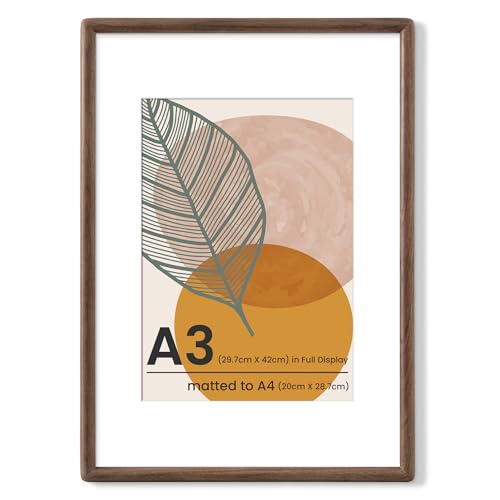 Axeman A3 ウォールナット材木製フォトフレーム、丸みを帯びた角、ほぞ組構造、A4サイズの写真用マット付き（フレーム外寸A3）、強化ガラス、壁掛け対応