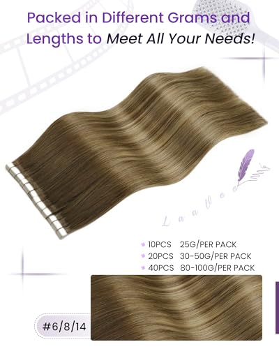 Image of LaaVoo Tape in Hair Extensions Human Hair Balayage Hair Extensions Tape in Light Brown to Golden Brown Tape on Hair Extension Real Straight Hair 14inch 20pcs 50g