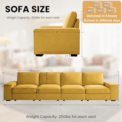Image of TEKAMON 128 inch Modular Sofa Couch with Seat Storage, Chenille Sofa,Modern Comfy 4-Seater Couch for Living Room, Office, Apart W /Deep Seat, Wide Armrest, USB, Pockets, Removable Covers (Yellow)