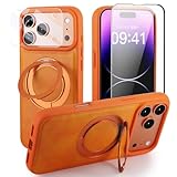 AUXZCN Case for iPhone 17 360° Rotating Stand, Upgraded PU Leather Military-Grade Shock-Resistant Full-Coverage Case with Rotating Stand-Orange