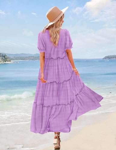 Image of YESNO Summer Casual Bohemian Floral Dresses for Women Puff Short Sleeve Long Maxi Dress with Pockets ETX