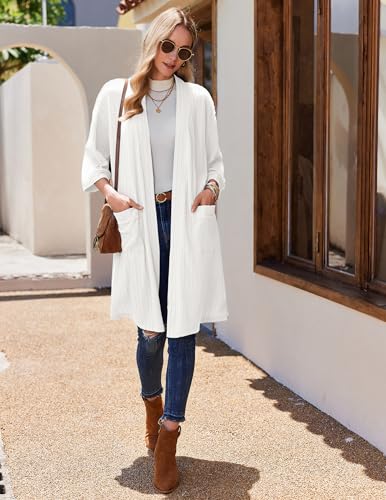 Ekouaer Damen Bademantel Verdreht Gerippt 3/4-Ärmel Morgenmantel Kurz mit Taschen und Bindengürtel Robe Kimono Weiß M