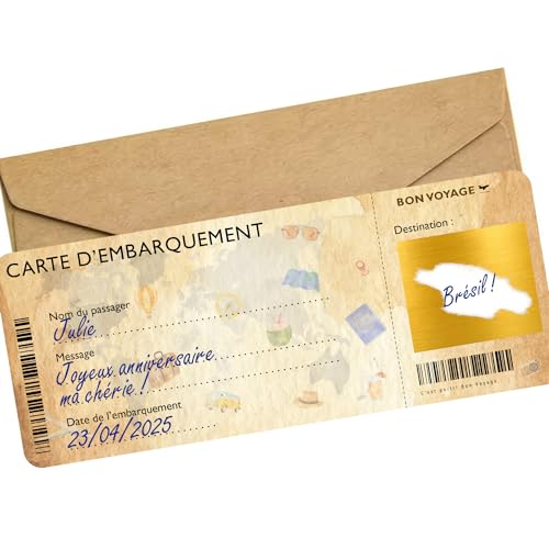 OLYMPE STORE Carte à gratter Voyage Surprise - Carte embarquement personnalisable à offrir - Billet avion annonce - Cadeau Anniversaire EVJF (Vintage style)