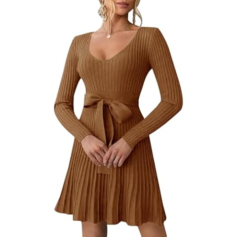 FERBIA Womens V Neck Sweater Dress Tie Waist Pullover Long Sweater Elegant Knit A Line Pleated Midi Dresses Brown Cover