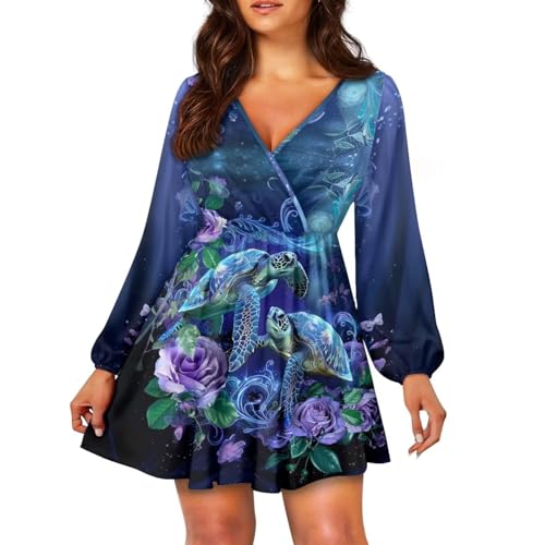 HELLHERO Sea Turtle Dress Women's Casual Dress V-Neck Long Sleeve Short Dresses Mini Swing Skater Dresses A Line One-Piece Skirt Summer Flowy Sundress for Outdoor Holiday Beach Party 2X