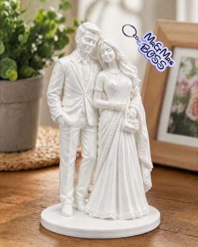 Image of Customized 3D Couple Statue from Photo | Wedding Personalized Miniature Figurine + Free Name Keychain (White, 20 CM)