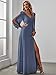 Ever-Pretty Women's Double V Neck Leg Slit Long Sleeve Mother of Bride Dress Haze Blue US12