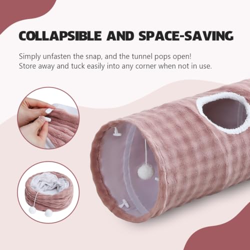 Image of Straight Bubble Cat Tunnel for Indoor Cats 47 inchx12 inch, Dusty Pink | Cute Cat Toys, Collapsible Tunnel Tube with Hanging Balls for Puppy Kitten Rabbit