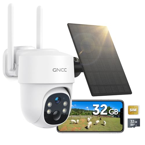 GNCC 4G Telecamera Esterno con SIM e pannello solare, 2K Telecamere Senza Fili con 8400mAh Batterie e SD Card, Rilevamento del Movimento, Audio Bidirezionale, Visione Notturna a Colori, IP66, 355°/90°