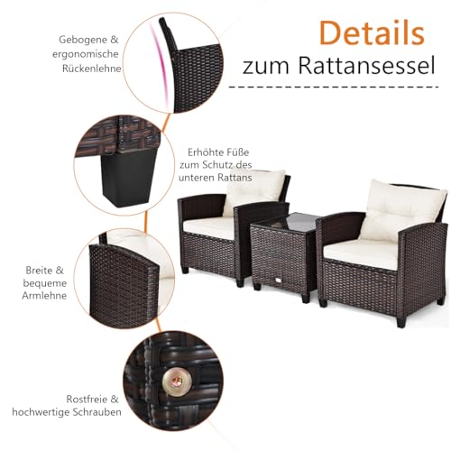 GIANTEX Rattan Gartenmöbel Set, Balkonmöbel Kleiner Balkon, Lounge Gartenmöbel Set, Balkon Möbel für 2 Personen, Gartenlounge Set 2 Sessel & Tisch, 3 tlg. Gartensitzgruppe inkl. Sitz- und Rückenkissen