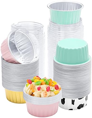 AOSYCO Dessert Cups with Lids, 100pcs 4 Colors Mixed Foil Cupcake Containers, 5oz 125ml Disposable Aluminum Foil Pans Ramekins, Baking Cups, Muffin Cupcake Liners with Lids