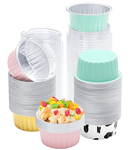 Aosyco Dessert Cups With Lids, 100Pcs 4 Colors Mixed Foil Cupcake Containers, 5Oz 125Ml Disposable Aluminum Foil Pans Ramekins, Baking Cups, Muffin Cupcake Liners With Lids #TOP21