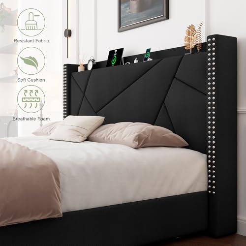 Feonase Upholstered Storage Bed Frame King Size with 4 Drawers, Platform Bed with Charging Station & Wingback Headboard, Solid Wood Slats Support, Black