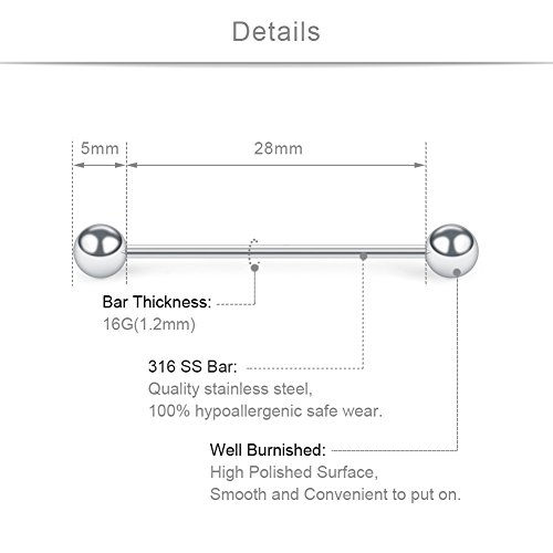 Scerring 6Pcs 16G Short Industrial Barbell Cartilage Earring Bar Body Piercing Jewelry 1 1/8"(28Mm) - Mix Color #TOP1