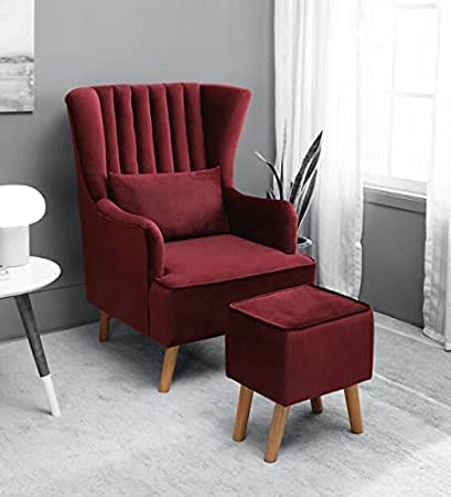 WOODEN FACTOR Velvet Accent Wing Chair Single Seater Sofa for Living Room Bedroom Home High Back Cushioned Arm Chair (Maroon)