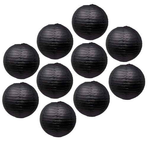 Image of Mudra Crafts 12 Inch Round Chinese Black Paper Lanterns Hanging Decor | 10 PCs, Reusable, Indoor Outdoor Decorative Lamp Shade, for Ceiling, Wedding, Shower, Party, Festival, Home Decoration