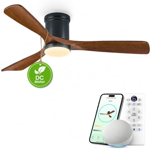 Image of 52 Inch Smart Solid Wood Ceiling Fans with Lights, Low Profile Flush Mount | Damp Rated for Outdoor Patios Indoor, Quiet High CFM BLDC Motor, Alexa /Gg Voice Control /App /Remote, 6 Speeds, Dimmable LED