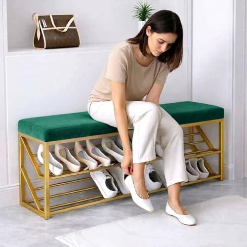 Image of Entryway Shoe Rack with Cushioned Seat, Shoe Bench for Entry, 2 Shelves Storage Bed Bench