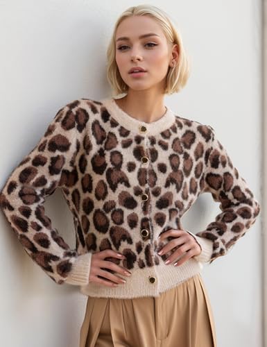 Arssm Womens Leopard Printed Cardigans 2024 Crewneck Printed Fluffy Sweaters Long Sleeve Fuzzy Sweater Knitwear4
