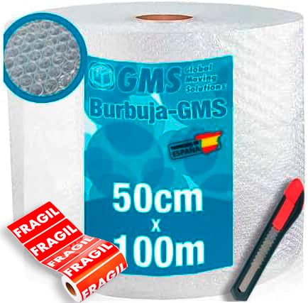 GMS - Rollo Papel Burbuja Extra Fuerte + Cutter + 10 Etiquetas Frágil - Rollo Burbuja Mudanza - Rollo Plastico Burbuja Embalaje, Especial Mudanza, Envio y Embalaje (50cm x 100m)