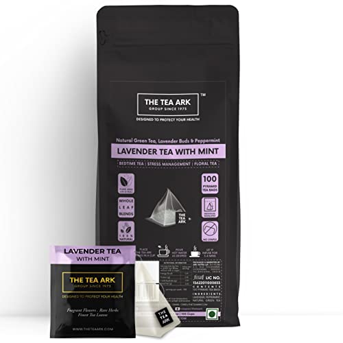 Image of The Tea Ark Lavender Tea Bags (100 Count) | Herbal Bedtime Tea with Peppermint & Green Tea | Individually Wrapped Pyramid Tea Bags | Natural Whole Leaf Blend