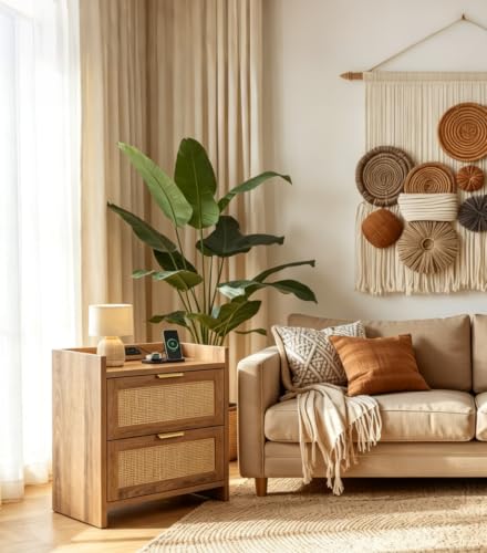 Image of WLIVE Rattan Nightstand Set of 2 with Charging Station, Boho Bedside Table