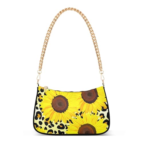 Bright Sunflowers Black Leopard Tote Handbag Womens Floral Shoulder Purses Crossbody Purse Zipper Closure Chain Strap