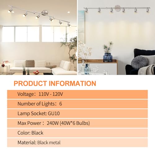 DLLT LED 6 Light Track Light Kit, Matte Nickel 6 Way Ceiling Track Lighting, CRI≥90, Flexibly Rotatable Light Heads, Ceiling Spot Light for Exhibition, Included 6 x 3W LED GU10 Bulbs(3000K, 1440LM)