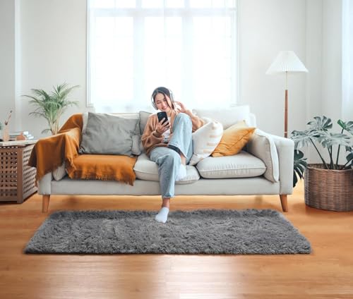 Image of Luxury Shaggy Carpet Solid Plain Fluffy Fur Rectangular Rugs For Bedroom Living Room 2X6 Feet Microfiber & Polyster Modern Interior Floor Mat Grey