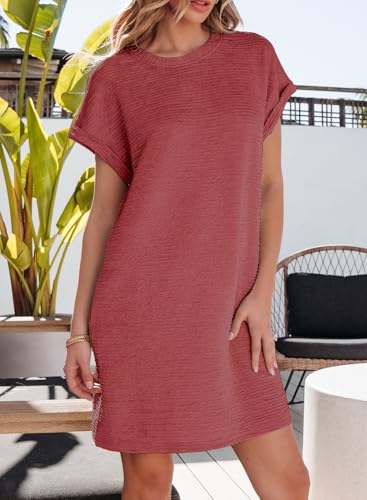 Image of EVALESS Womens Summer Dresses 2026 Fashion Short Sleeve Cute Spring Mini Dress Crewneck Casual Beach Vacation Dresses