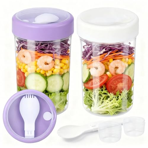 OAKKMEL 2er-Pack Salatbox to go mit Deckel & Löffel Auslaufsicherer Salatbehälter mit Dressing-Fach Wiederverwendbarer Salad Pod für Meal Prep Büro Picknick & Reisen
