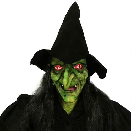 DOBGOMN Witch Mask Old Woman Lady Scary Green Hag Mask Latex Realistic Adult Horror Witcher Sorceress Halloween Cosplay Props