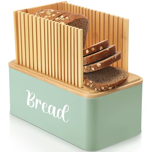 LOYIM Green Bamboo Bread Slicer with Bread Box Adjustable Width