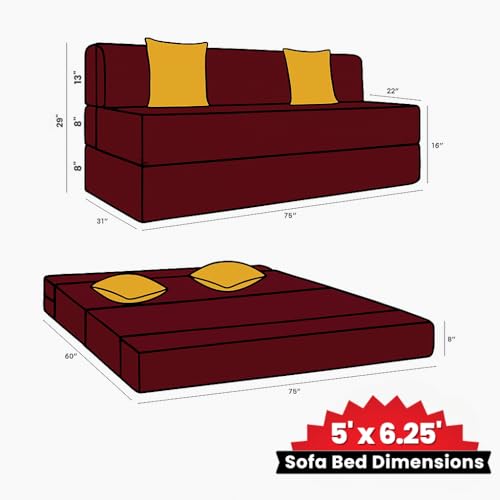 Image of CELLBELL Comfy Sofa Cum Bed 5x6.25 Feet | Foldable Dual Use Couch Bed with Soft Cushions, Washable Fabric Cover & Sturdy Frame | Space Saving Modern Design for Living Room, Bedroom Guest Use (Maroon)