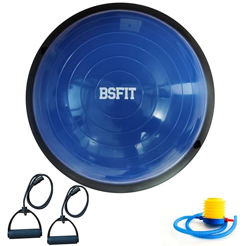 BSFIT bosu Base Rígida media esfera, semi pelota balón de 46 cm de Diámetro, con Gomas Elásticas e Inflador, Azul, semiesfera equilibrio, bosu equilibrio fitness