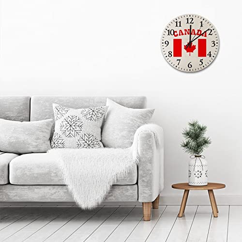 Canada Maple Flag 12" Wooden Clock Silent Quartz Wall Clock Non-Ticking Digital Decorative Fashion Round #TOP2