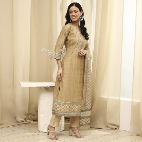 Image of BIBA Women Beige Cotton Machine Embroidered Unstitched Suit Set