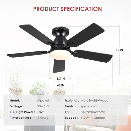 Mpayel Ceiling Fans with Lights, 46'' Low Profile Ceiling Fan with Light and Remote, Modern Flush Mount Ceiling Fan for Bedroom Living Room Kitchen, LED Dimmable Reversible Quiet DC Motor, Black thumbnail 6