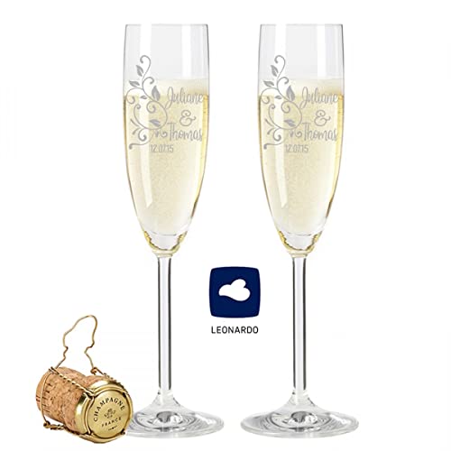 GRAVURZEILE Leonardo Sektgläser - Floral Design - personalisiert mit Wunschgravur Namen & Datum - als Geschenk zur Hochzeit Verlobung oder zum Jahrestag - das perfekte Hochzeitsgeschenk