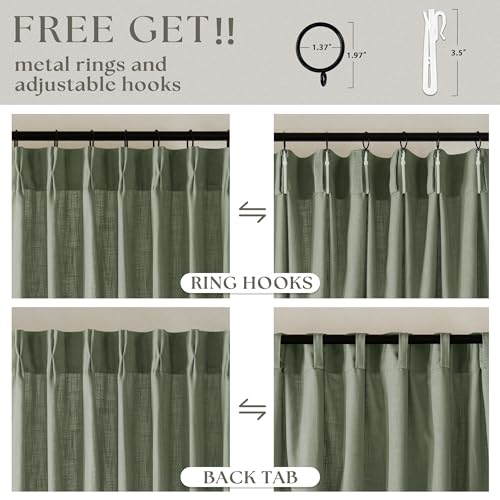 Image of 120 Inch Curtains High Ceiling Tall Curtains 2 Panels Set for Living Room Pinch Pleated with Hooks Rings Back Tab Bohemian Semi Sheer Drapes Cottage Long Large Window Drapes 120 Length Sage Green