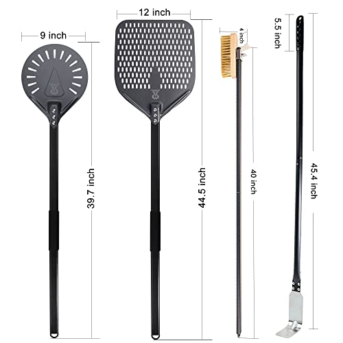 SHANGPEIXUAN PizzaTurning Peel 9 Inch Perforated Pizza Peel and Pizza Brush Ash Rake 4 Piece Wood Fired Commercial Pizza Oven Utensil Kit with 40-Inch Aluminum Handle