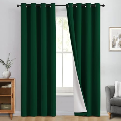 Image of Yakamok Dark Green 100% Blackout Curtains 84 Inches Long 50 inch Wide 2 Panels | Blackout Curtain Panels for Bedroom, 2 Thick Layers Grommet Top Thermal Insulated Drapes with White Back for Living Room