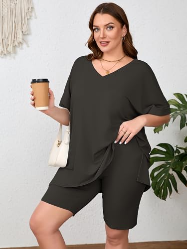 AusLook Women's Plus size 2 Piece Short Outfits Set Short Sleeve Tops and Shorts Pants Dark Gray 4X Casual Comfy Soft Ladies Short Sleepwear Lounge Pajama Matching Set — view 3