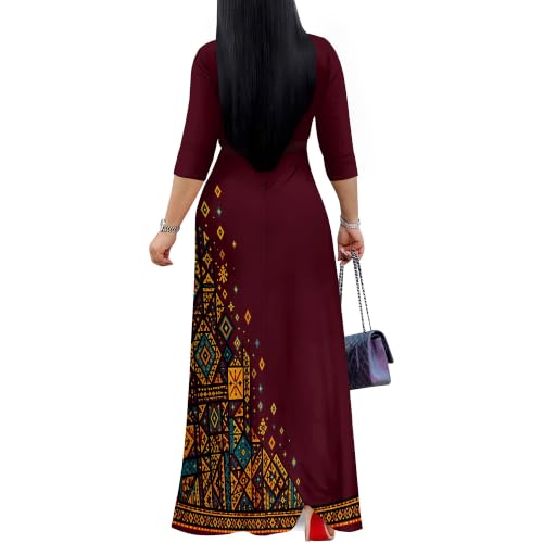 Image of Plus Size Maxi Dress for Women V Neck 3 /4 Sleeve Wrap Dress Wine XL | Wine Floral Women's Maxi Dress
