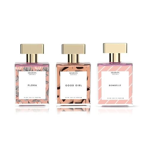 Image of Arabian Aroma Luxury Perfume Gift Set For Women | Premium Long Lasting Perfumes for Womens And Girl | Eau De Parfum | Perfume Set For Womens | Gift Pack | Flora, Good Girl & Bombelle(30ml)