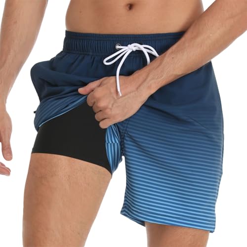 Bañador Hombre Pantalones Cortos de Natación Secado Rápido, Shorts de Baño con Forro de Malla y Bolsillos Traje de Baño Ajustable para Playa Surf Deporte Vacaciones Negro Azul Gradiente XL