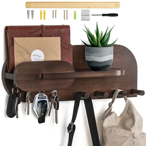Solid Wood Mail and Key Holder for Wall Decorative Display - Includes Mail Holder, Shelf with Hooks for Keys & Pegs for Hanging Hats, Coats, Bags, Backpacks & More - Sleek Modern Design, Walnut Brown