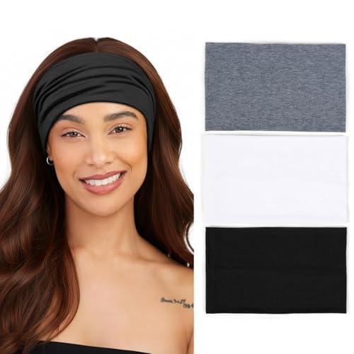 Wide Headbands for Women, JOMWEN Stylish Head Wraps, 3 Pack Thick Hairbands for Washing Face, Makeup, Yoga, Workout, Spa, Running, Fashion (Black+White+Grey)