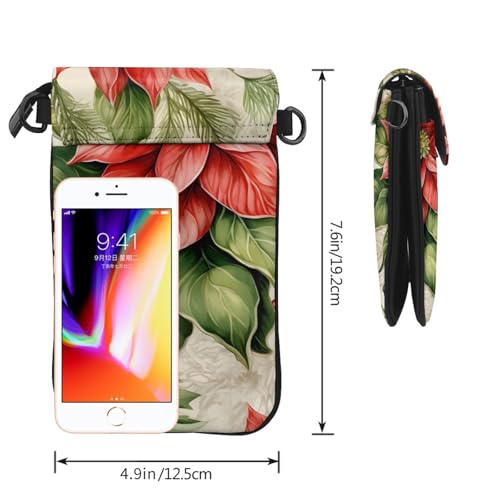 Christmas Flowers Crossbody Bag for Women PU Leather Small Travel Cell Phone Pouch Lightweight Mini Phone Purse Wallet Cross Body Shoulder Bags with Card Slots and Shoulder Strap3